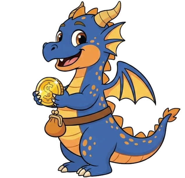 Nugget the dragon holding a coin.